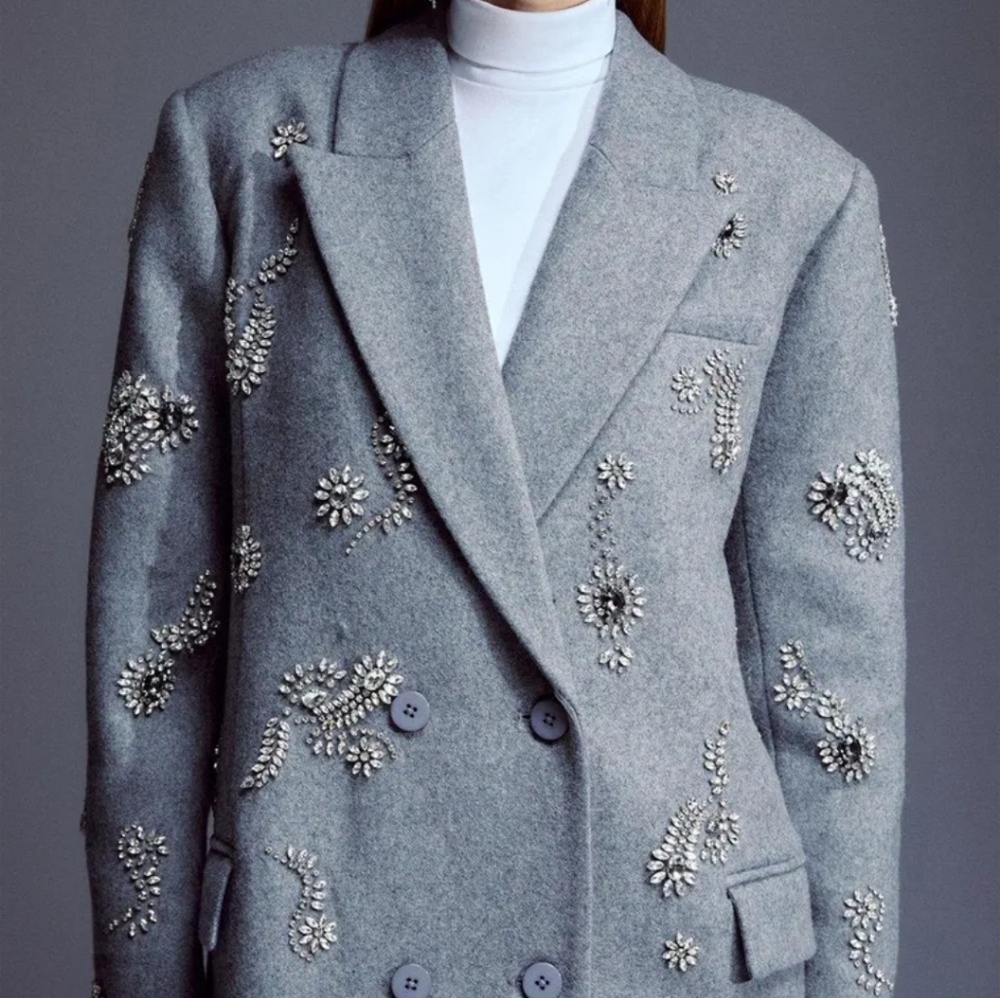 Elegant Gray Embellished Long Wool Coat